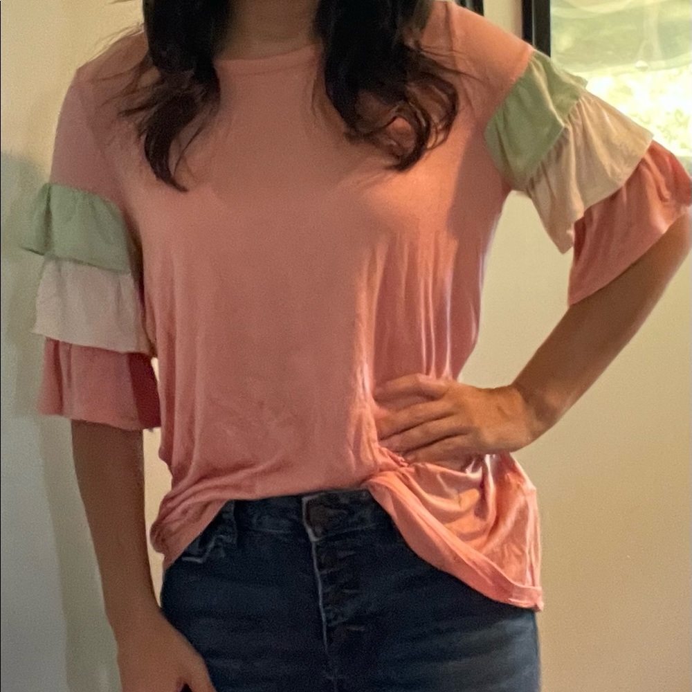 Spring ruffle sleeve top. Simple & Soft. Stretchy.